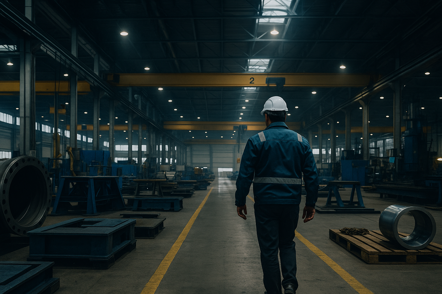 Industrial engineer walking through a modern factory with advanced machinery