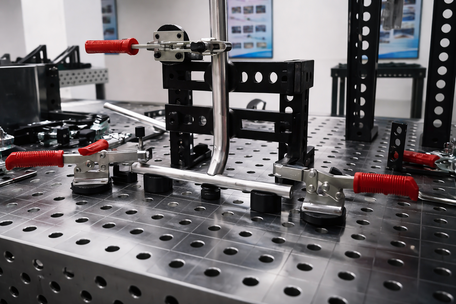 Fixture clamping frame setup on Elmiron D28 modular 3D welding table